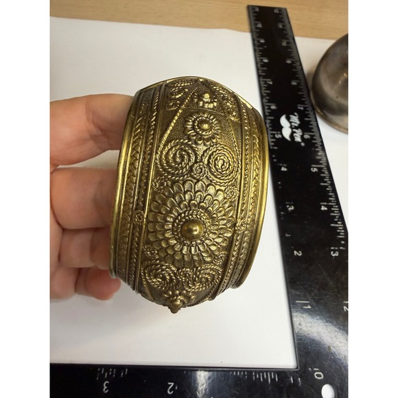 Jewelry - Ornate Brass Tone Floral Repousse Hinged Cuff Bracelet Statement Boho Wide